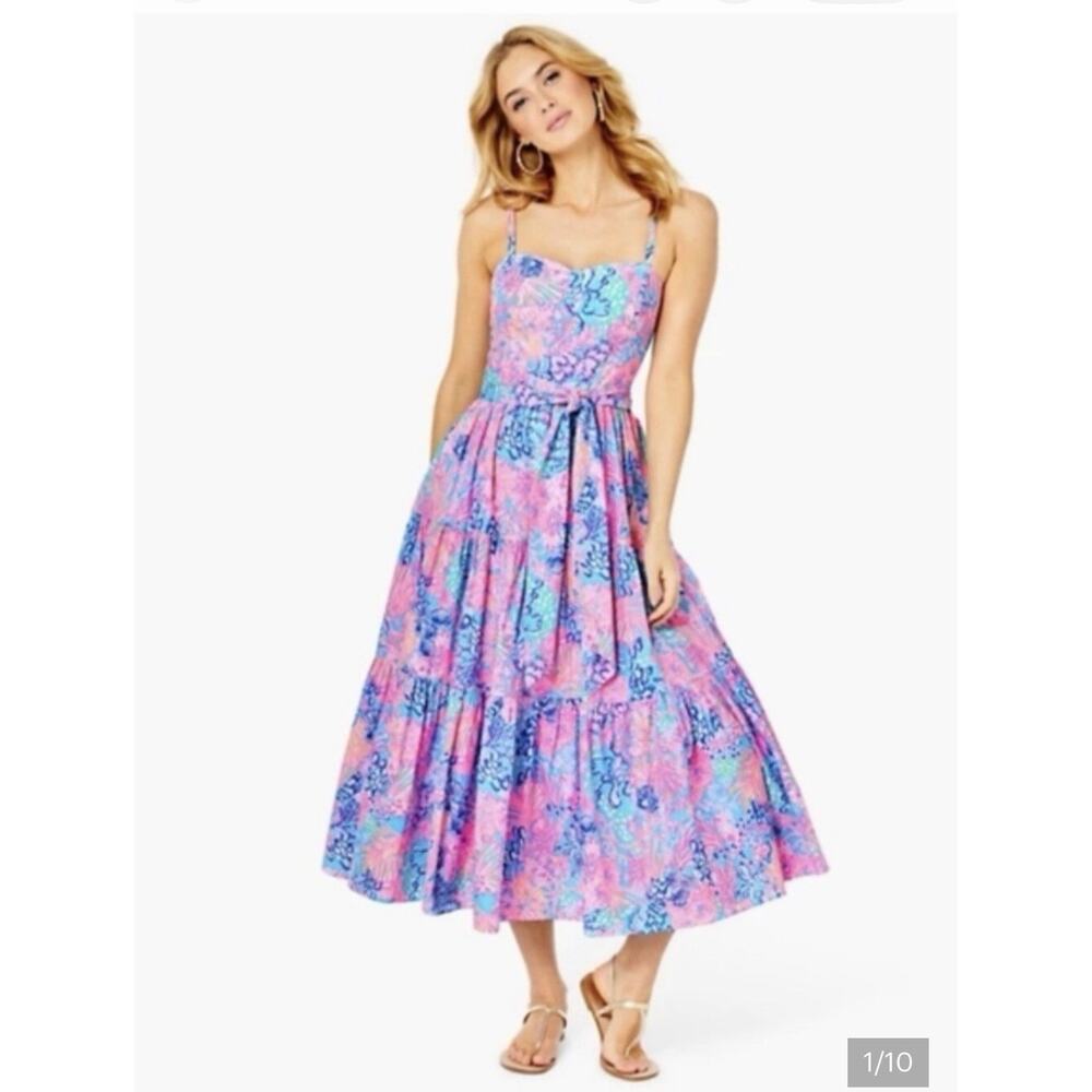 Lilly Pulitzer Edith Midi Dress Sz 2 Splendor in the Sand Colorful Floral Vaca - Picture 12 of 16